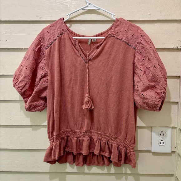 Cottagecore Cato Blush Pink Eyelet Crochet Sleeve Cropped Peasant Blouse - Picture 1 of 5